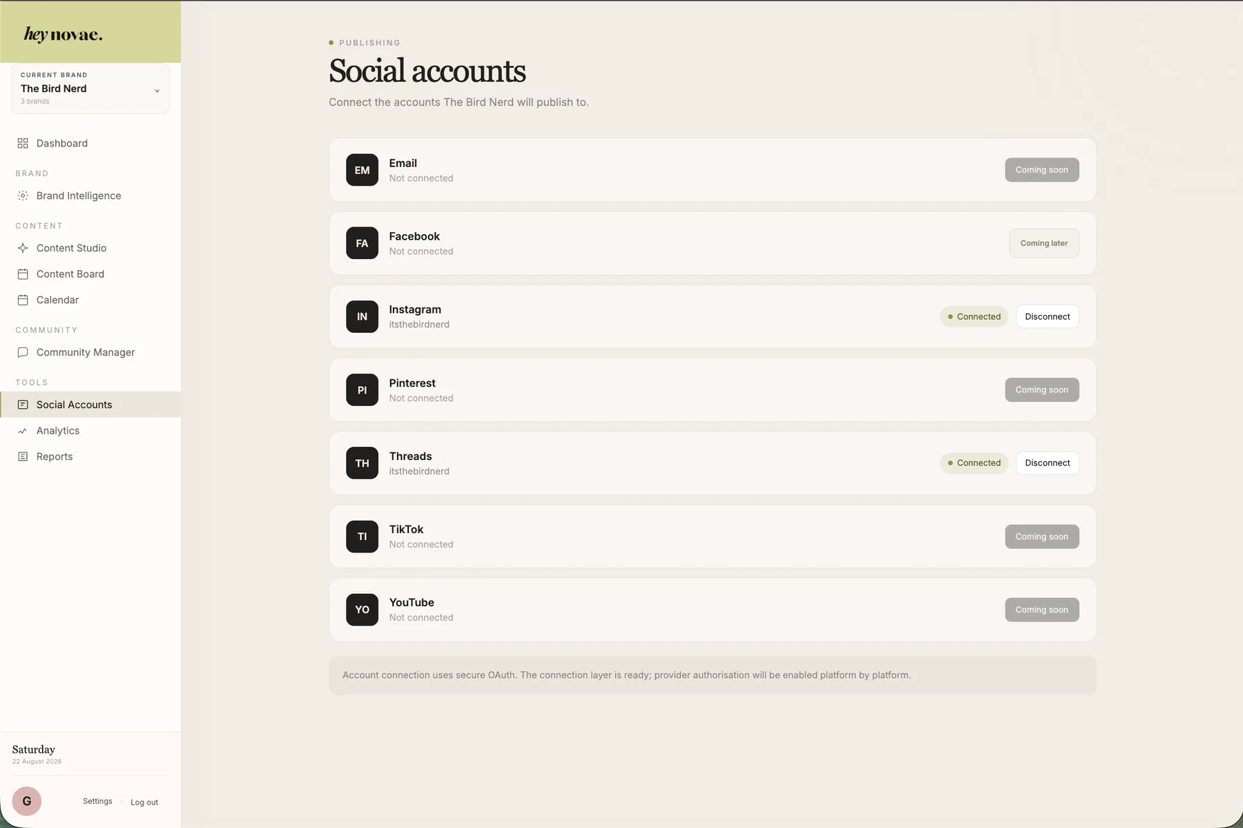 Social accounts connected inside Hey Novae